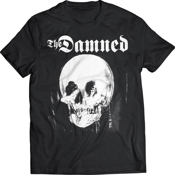 The Damned "Stretcher Case Baby" cover artwork featuring Charles Allan Gilbert's "All is Vanity"  skull woman mirror white screenprint on black 100% cotton t-shirt, shown flatlay