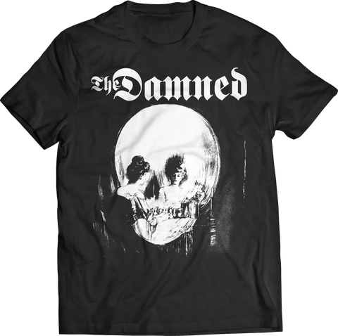 The Damned "Stretcher Case Baby" cover artwork featuring Charles Allan Gilbert's "All is Vanity"  skull woman mirror white screenprint on black 100% cotton t-shirt, shown flatlay