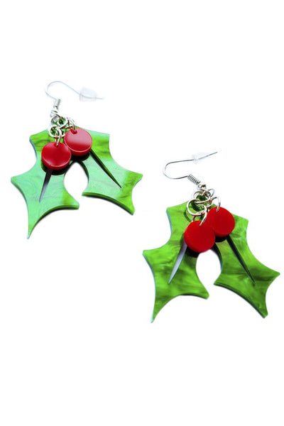 pair laser-cut acrylic green holly leaf pair with red berry charms dangle earrings