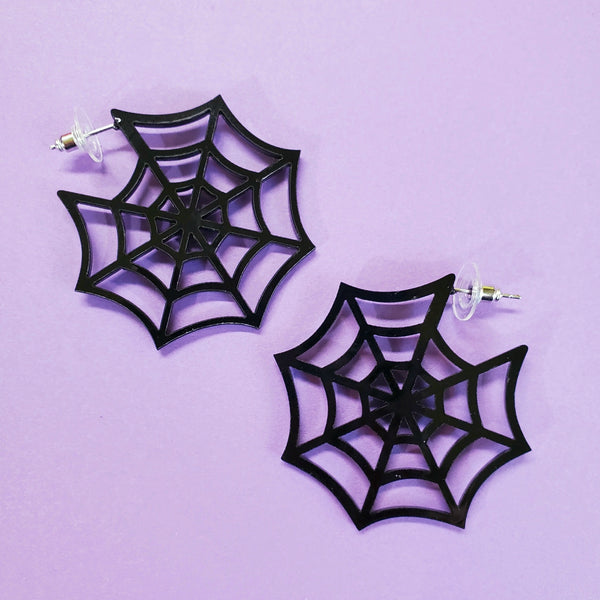 1 7/8" round shiny black laser-cut acrylic spiderweb design side-facing post earrings