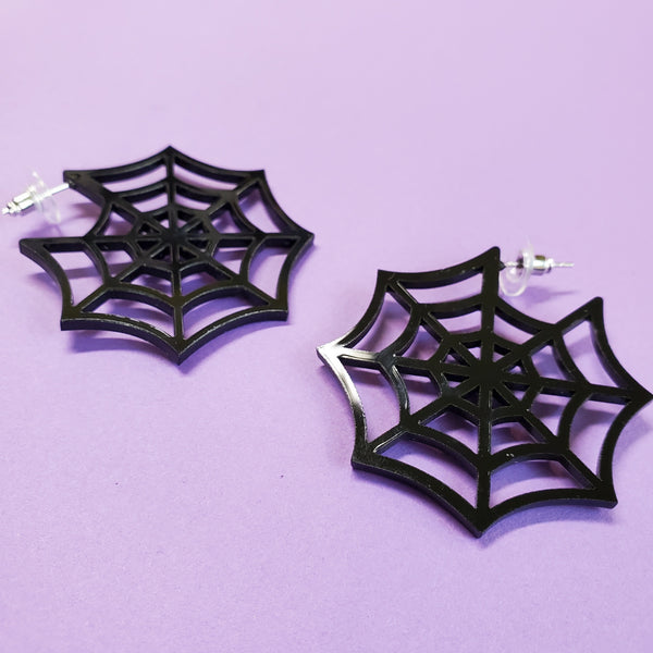 1 7/8" round shiny black laser-cut acrylic spiderweb design side-facing post earrings
