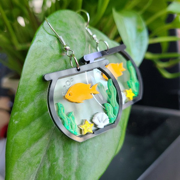 pair layered laser-cut acrylic goldfish bowl dangle earrings