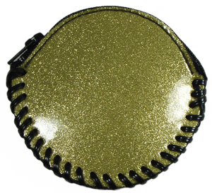 Round zippered coin purse with a thick stitched trim in soft and durable gold glitter vinyl
