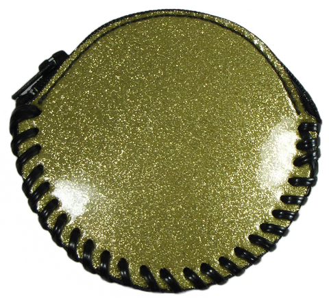 Round zippered coin purse with a thick stitched trim in soft and durable gold glitter vinyl