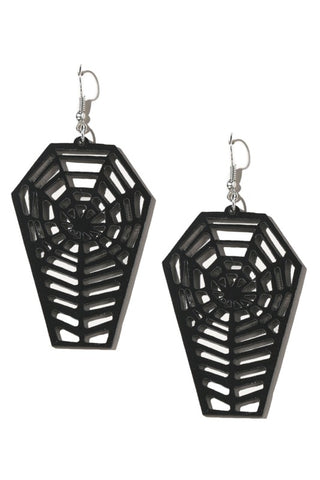 pair shiny black laser-cut acrylic coffin-shaped spiderweb dangle earring