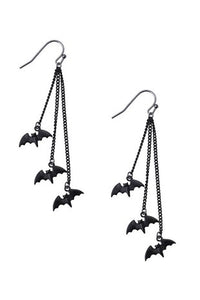 pair cluster of three black acrylic bats on dainty black metal chains dangle earrings