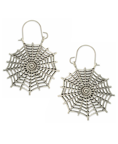 pair of intricate silver metal spiderweb shape drop hoop earrings