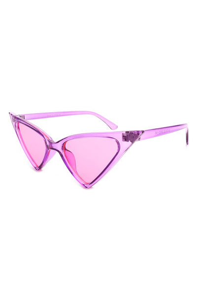 Shiny translucent pink plastic frame extreme triangle shape sunglasses with bright pink lenses shown at a 45 degree angle to show arms