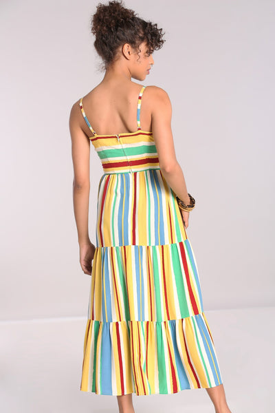 A model wearing a sleeveless sundress with horizontal red, blue, yellow, white, and seafoam stripes. It has adjustable spaghetti straps, a sweetheart neckline, bamboo ring detail at the bodice, and a three tiered long skirt. Shown from the back to feature zip back closure