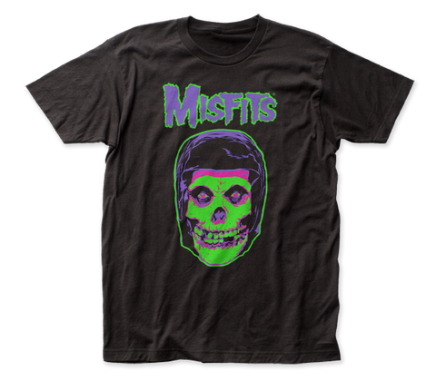 The Misfits logo and Crimson Ghost art printed in neon green and purple on a black unisex t-shirt