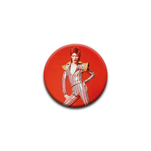A 1.25” button of David Bowie in his 1972-1973 Ziggy Stardust persona on a bright red background