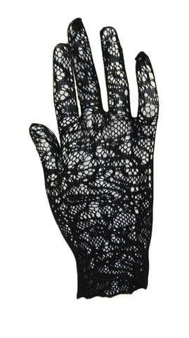A hand wearing a black open weave style lace glove. It is wrist length
