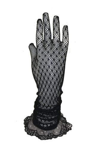 A hand wearing a black open weave style lace glove with a crochet style ruffle at the forearm hem