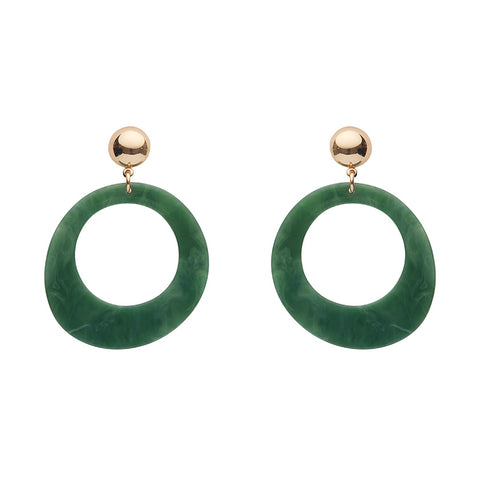 pair Essentials Collection green ripple texture 100% Acrylic resin circle suspended from a shiny gold metal dome post drop earrings