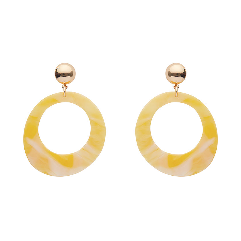 pair Essentials Collection yellow & cream ripple texture 100% Acrylic resin circle suspended from a shiny gold metal dome post drop earrings