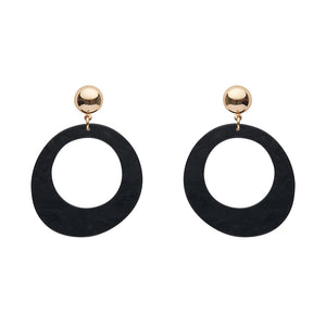 pair Essentials Collection black ripple texture 100% Acrylic resin circle suspended from a shiny gold metal dome post drop earrings