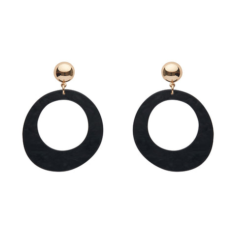 pair Essentials Collection black ripple texture 100% Acrylic resin circle suspended from a shiny gold metal dome post drop earrings