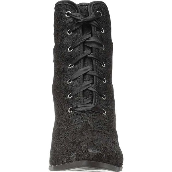pointed toe curvy heeled ankle boot features floral black lace overlay on padded black fabric body, and is finished with satin piping and ribbon laces, shown head on view