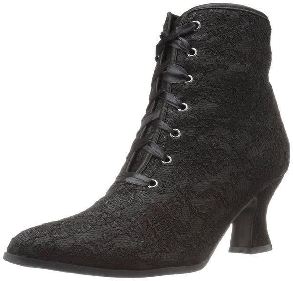pointed toe curvy heeled ankle boot features floral black lace overlay on padded black fabric body, and is finished with satin piping and ribbon laces, shown 3/4 view