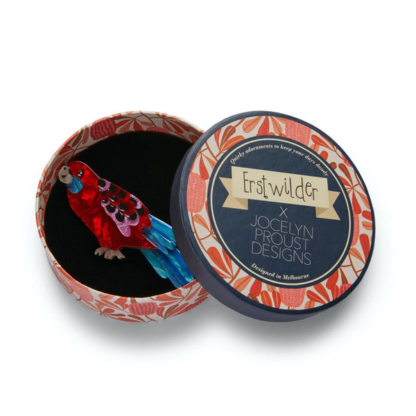 Erstwilder x Jocelyn Proust Collaboration Collection "Everything's Rosy" red, blue Rosella parrot bird layered resin brooch