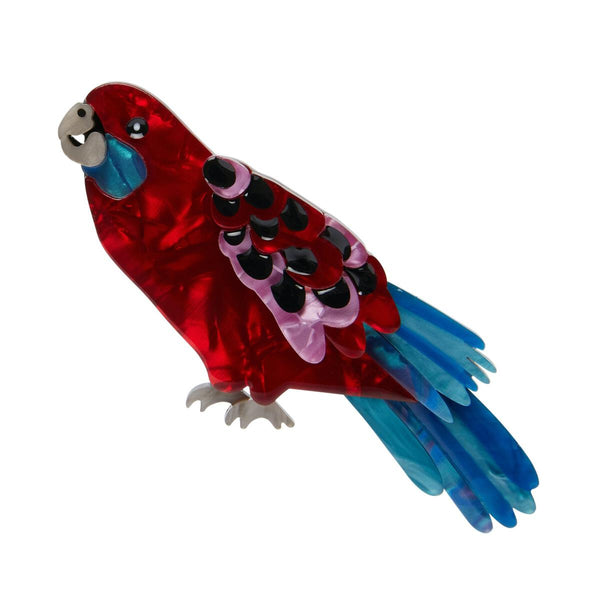 Erstwilder x Jocelyn Proust Collaboration Collection "Everything's Rosy" red, blue Rosella parrot bird layered resin brooch