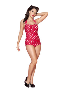 Esther Williams Classic One-Piece 50's style Swimsuit in Red with Cream Polka Dots has ruched body, skirted front and halter neck ties. shown on model.