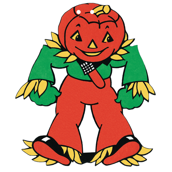 A scarecrow with a jack-o’-lantern head wearing a green outfit 