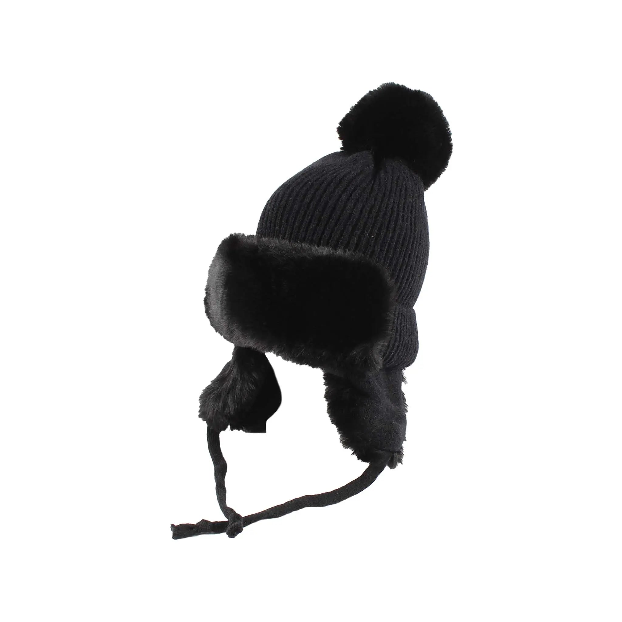 black chunky knit cuffed beanie hat lined with black faux fur lining and pom-pom topper as well as a trapper style front headband and ear flaps