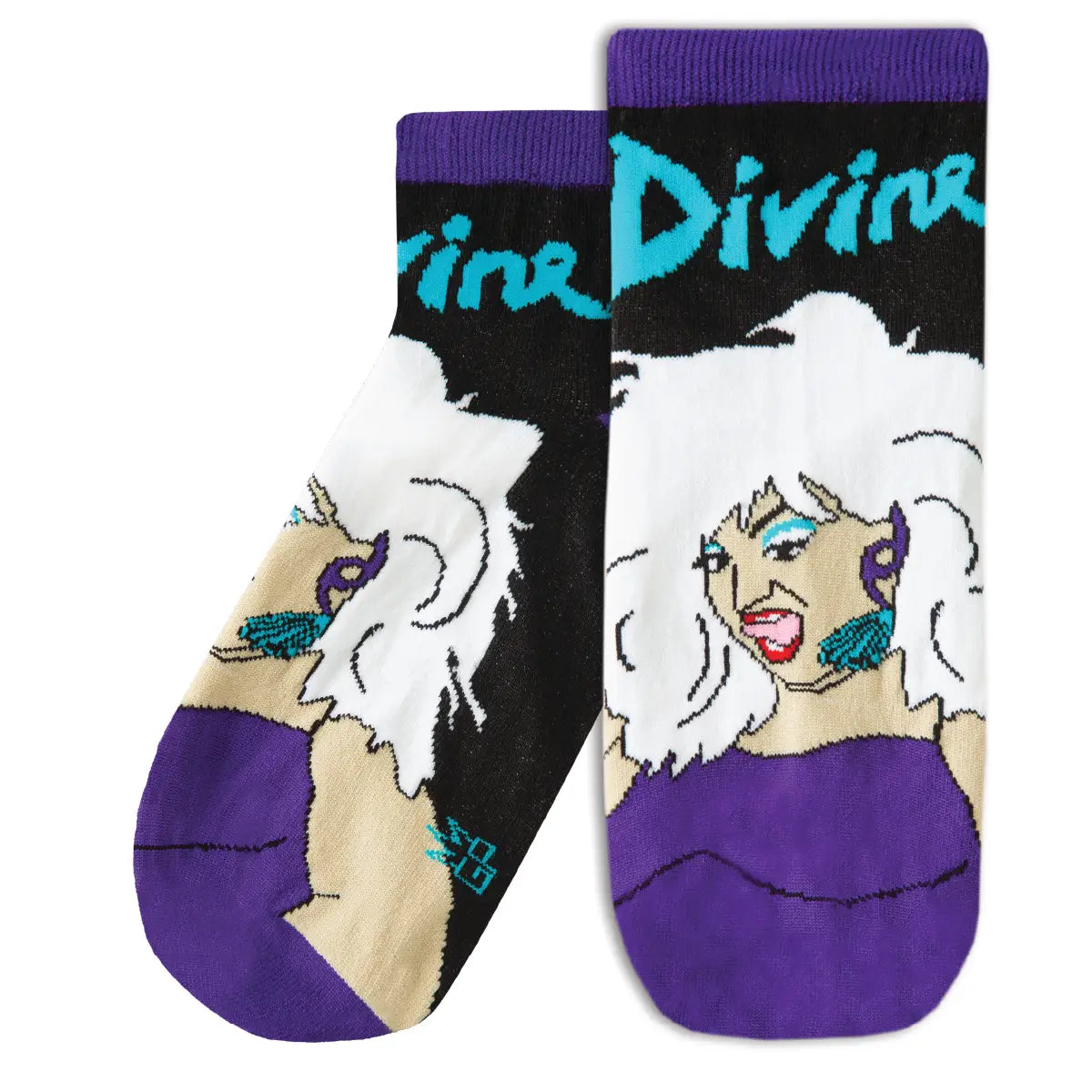 A pair of black ankle socks with purple cuffs and toes with an image of Divine with her name written in blue type above