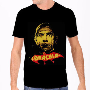 a bright red and yellow screen printed image in a retro Ben Day dot art style of Bela Lugosi in his iconic Dracula role, on a mens black cotton t shirt