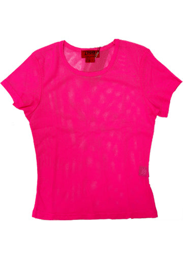 Short sleeved babydoll style fishnet shirt in neon pink