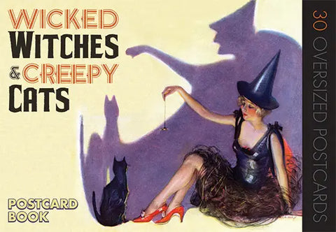 A rectangular book of oversized postcards with the title “Wicked Witches & Creepy Cats” with the vintage illustration of a witch playing with a black cat