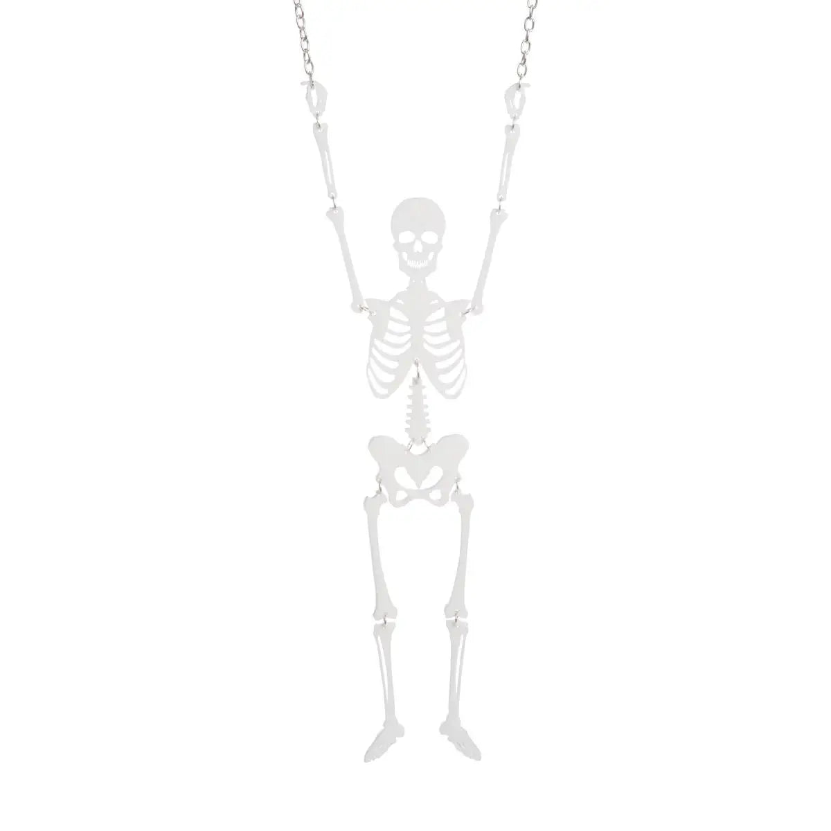 A large white laser-cut acrylic necklace of an articulated skeleton with jump rings at each joint. On a silver plated round link chain 