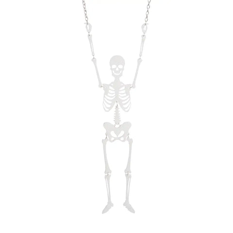 A large white laser-cut acrylic necklace of an articulated skeleton with jump rings at each joint. On a silver plated round link chain 