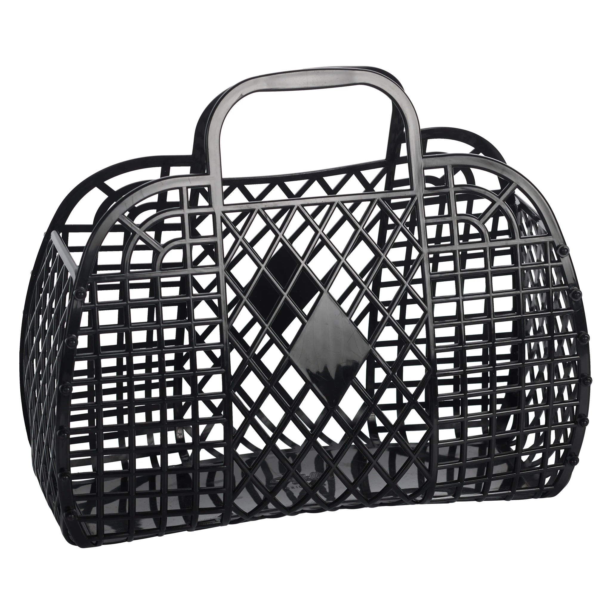 A large black rectangular handbag made of plastic with a retro diamond and lattice pattern