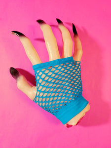 Wrist-length bright turquoise blue fingerless fishnet glove, shown on halloween prop hand