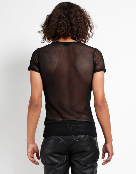 black net short sleeve crew neck shirt in men's sizing, shown back view on model