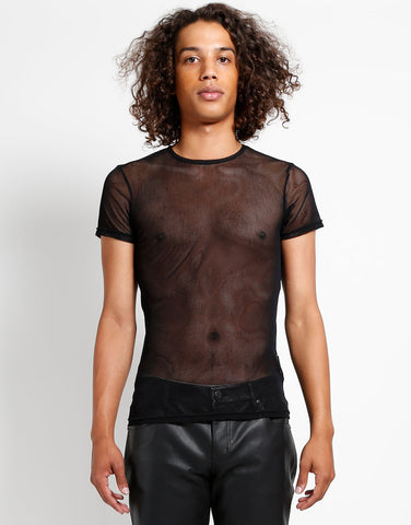 black net short sleeve crew neck shirt in men's sizing, shown on model