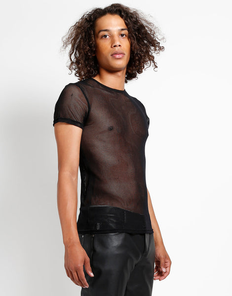 black net short sleeve crew neck shirt in men's sizing, shown on model