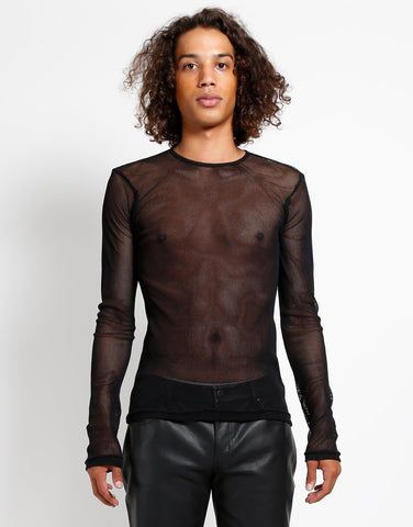 black net long sleeve crew neck shirt in men's sizing, shown on model