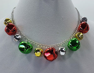 necklace of multi-color varying size jungle bells on shiny silver metal 19" chain