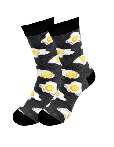 allover fried eggs print on hark heather grey background cotton blend crew socks