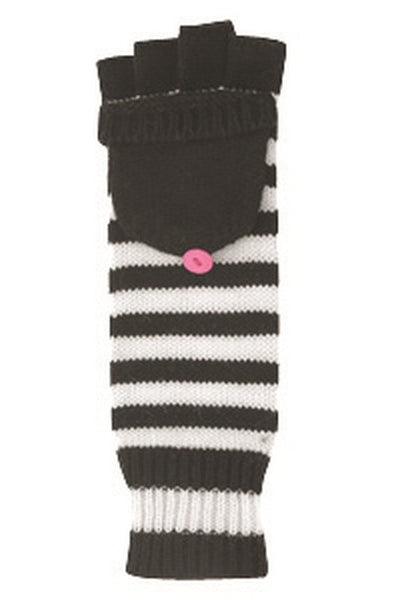 11 1/2" long black & white stripe knit fingerless gloves with pink button on the convertible mitten-flap tops