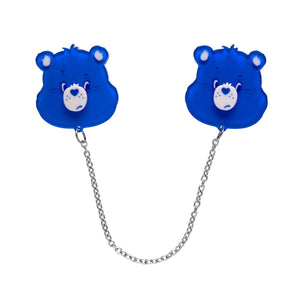 Care Bears Collection "Grumpy Bear" blue bear head pair chain-linked layered resin brooches set