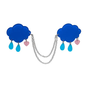 Care Bears Collection "Grumpy Bear Cloud" blue cloud with three raindrop dangle charms pair chain-linked layered resin brooches set