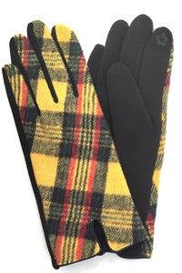 pair over the wrist length yellow, black, green, and red diagonal plaid thick flannel gloves with black knit reverse
