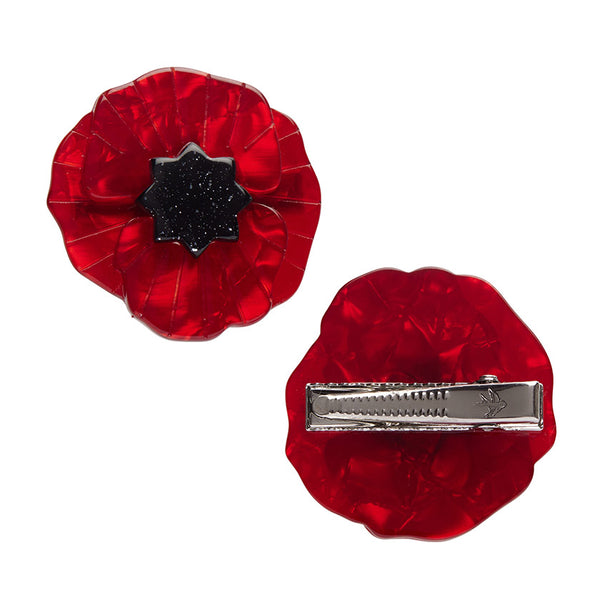 set of two red with black glitter center poppy bloom layered resin hair clips