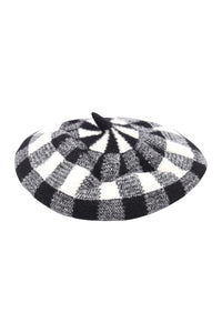 jacquard knit black and white buffalo check plaid acrylic "French" beret