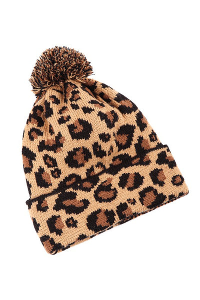pom-pom topped cuffed leopard print knit beanie hat