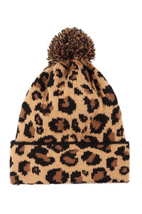 pom-pom topped cuffed leopard print knit beanie hat